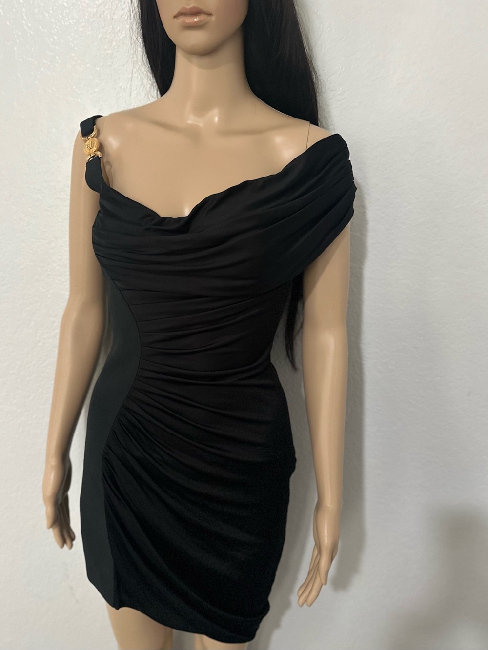 Versace Black One-Shoulder Draped Mini Dress with Gold Accent - Picture 6 of 12